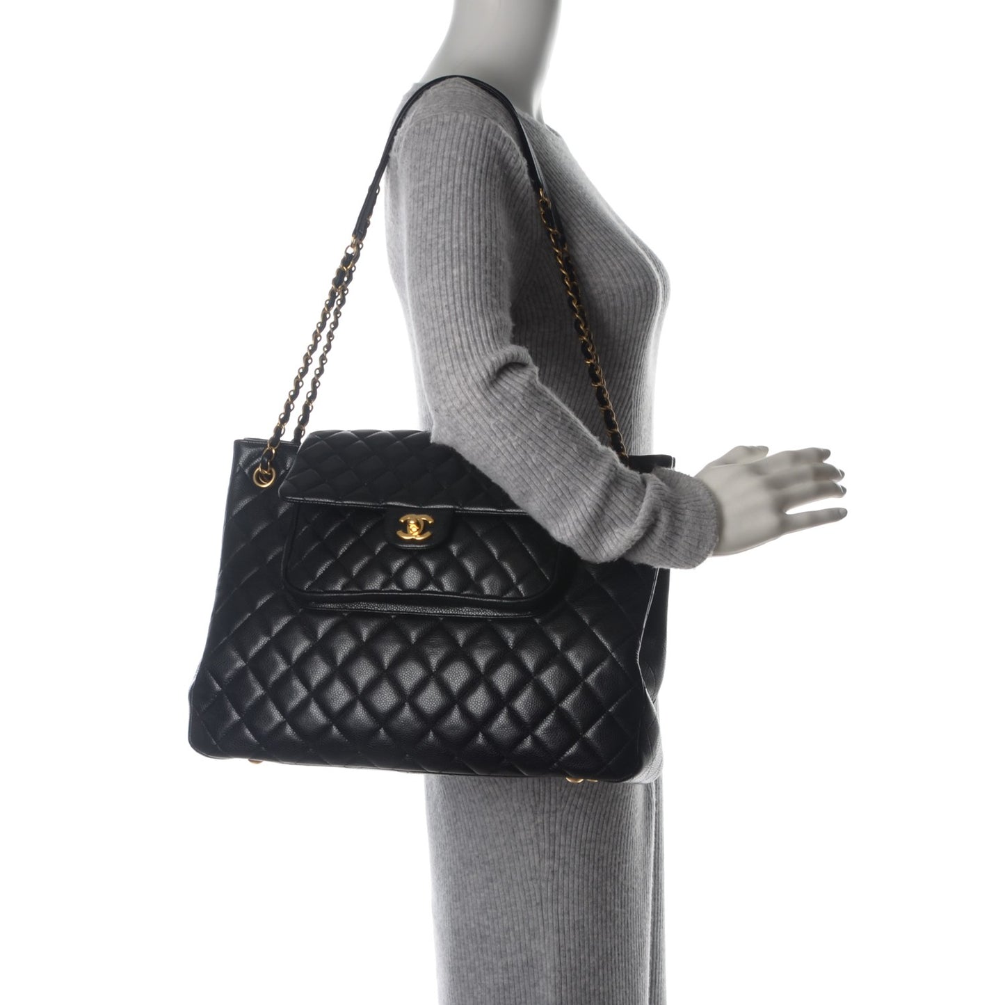 Caviar Quilted Flap Tote Black
