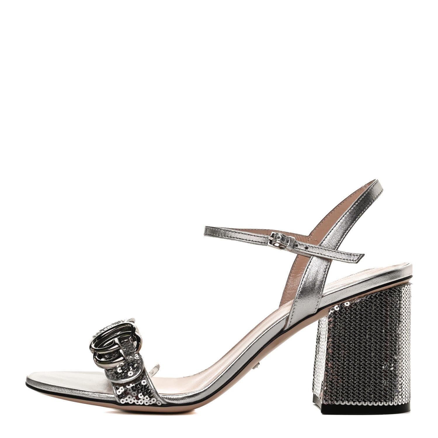 Gucci Sequin Satin Nappa GG Marmont Ankle Wrap 75mm Sandals 38.5 Silver Grigio Argento 1 of 10