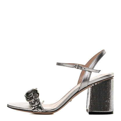 Gucci Sequin Satin Nappa GG Marmont Ankle Wrap 75mm Sandals 38.5 Silver Grigio Argento 1 of 10