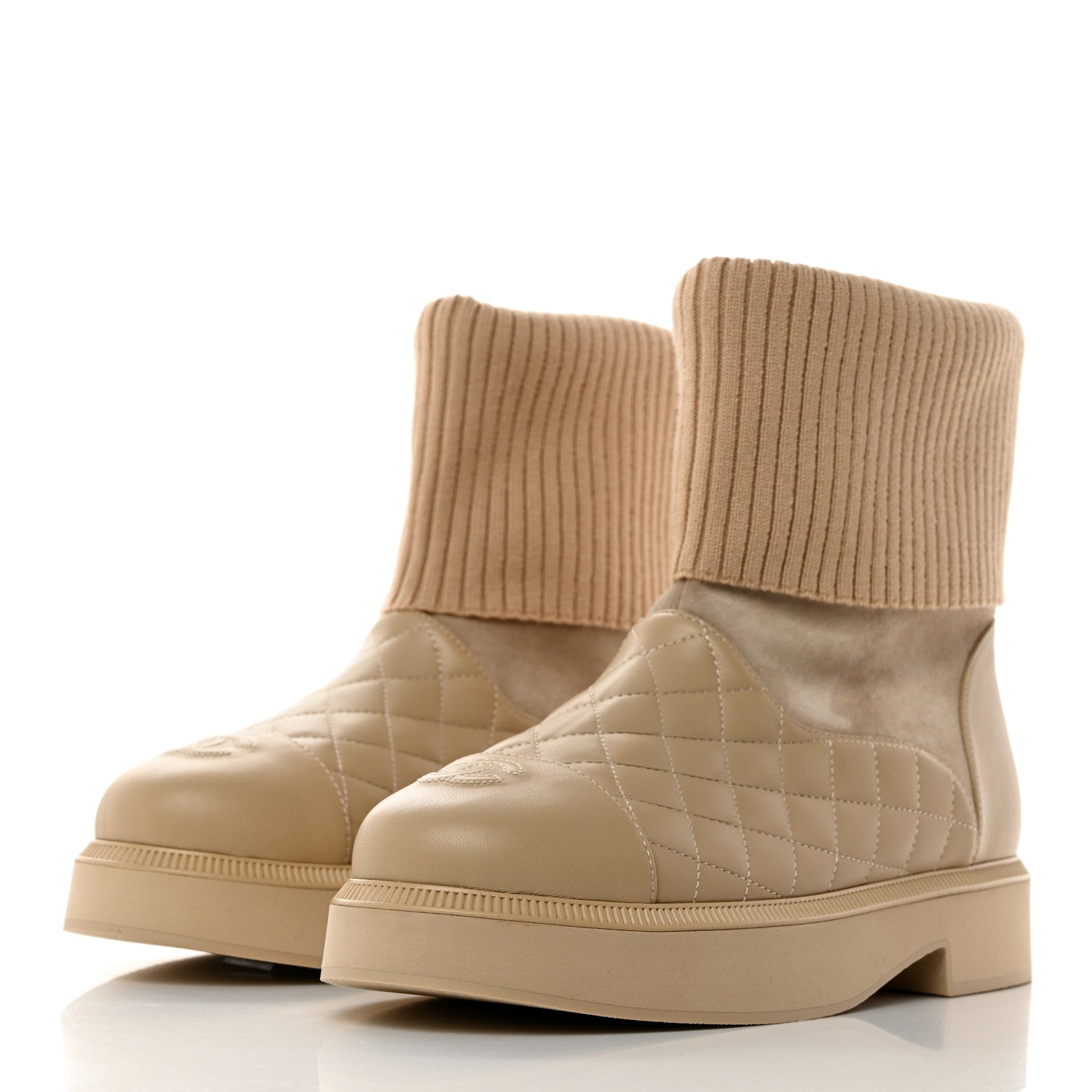 Chanel Suede Lambskin Calfskin Knit Womens Ankle Boots 39 Beige 3 of 8