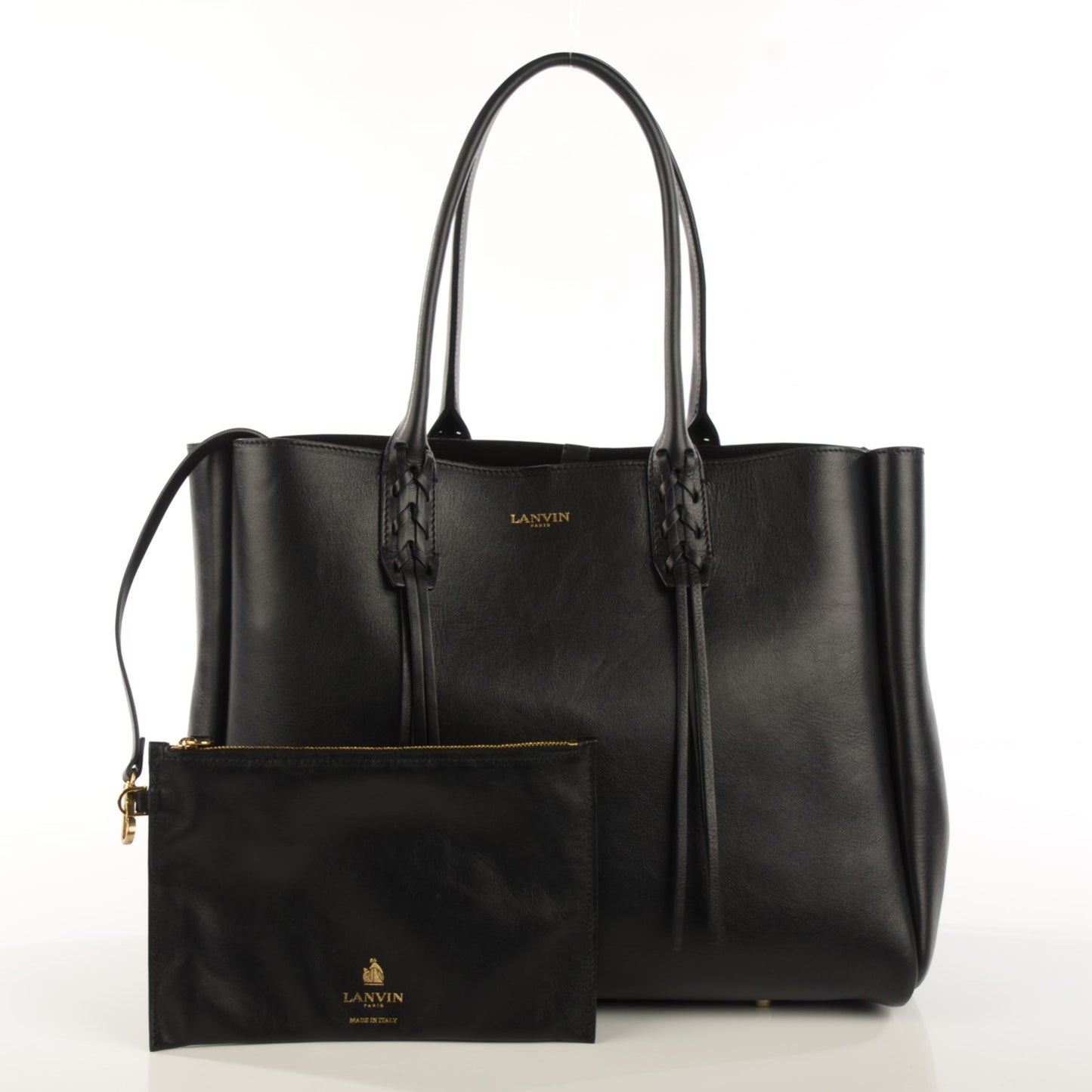 LANVIN Smooth Calfskin Small Fringe Shopper Tote Black