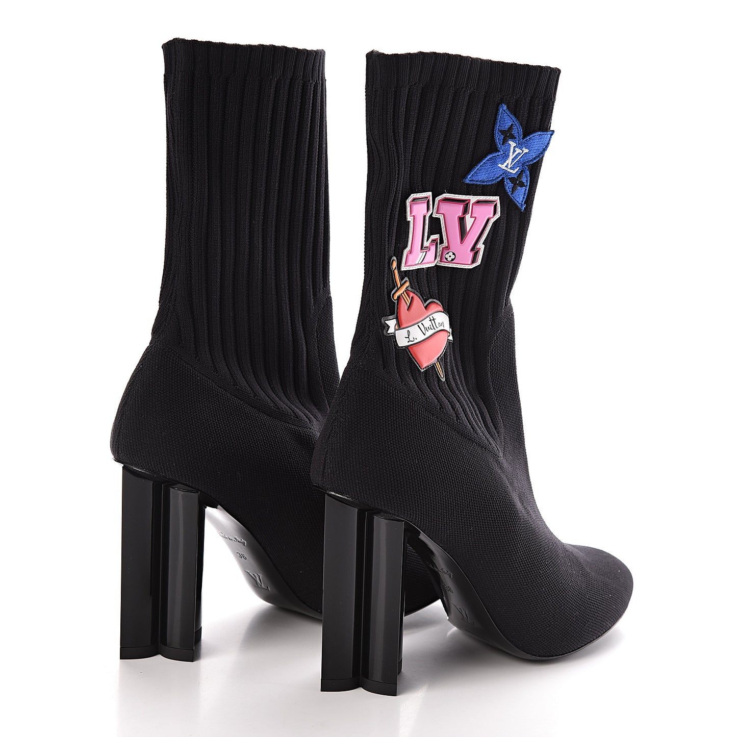Stretch Fabric LV Black Heart Sock Ankle Boots 38 Black