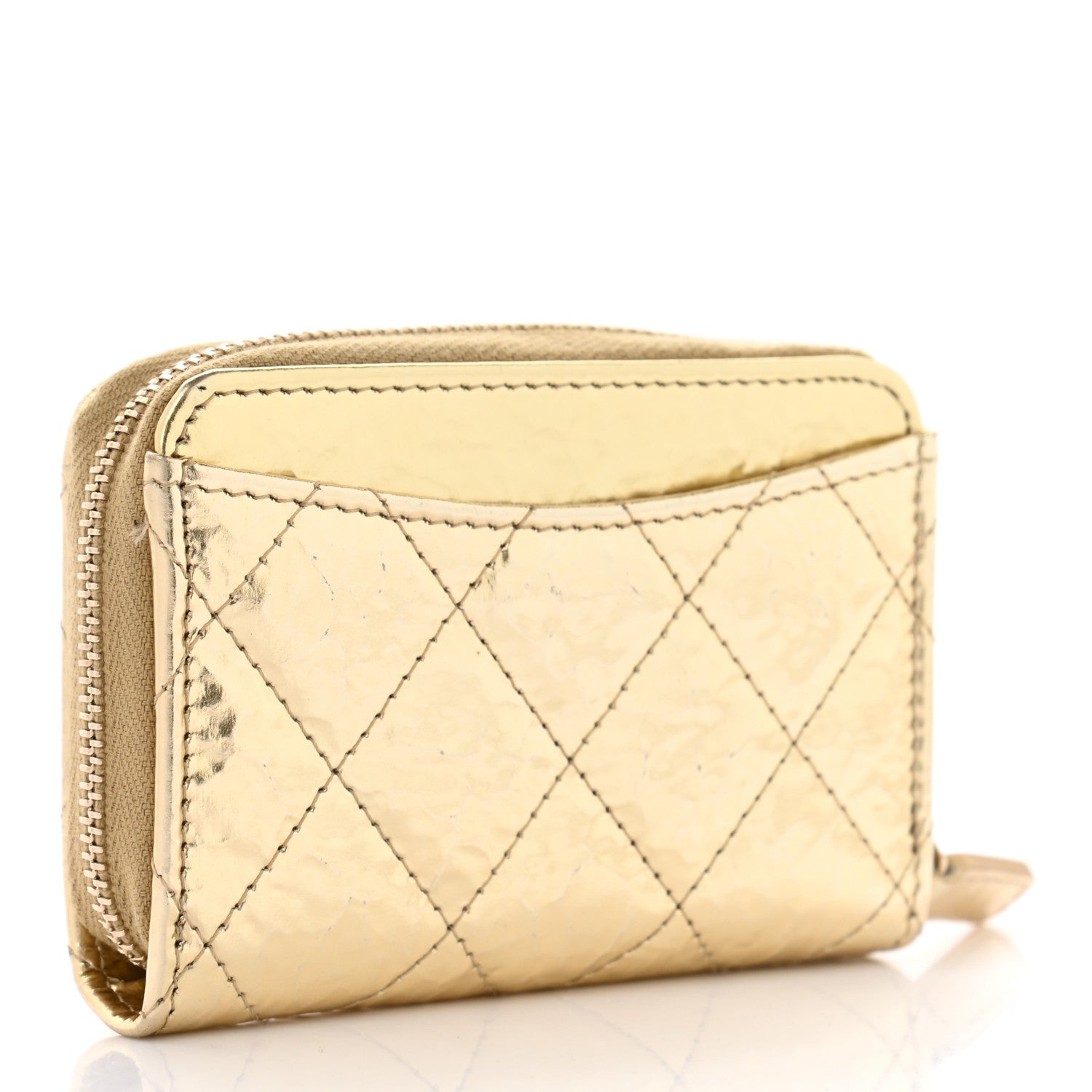 Chanel Hammered Metallic Calfskin Quilted Zip Coin Purse Gold 3 of 7