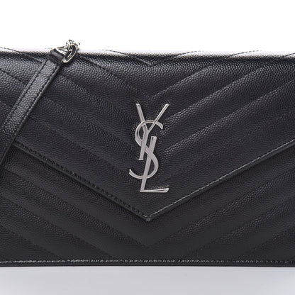 Saint Laurent Grain De Poudre Matelasse Chevron Monogram Envelope Chain Wallet Black 8 of 13