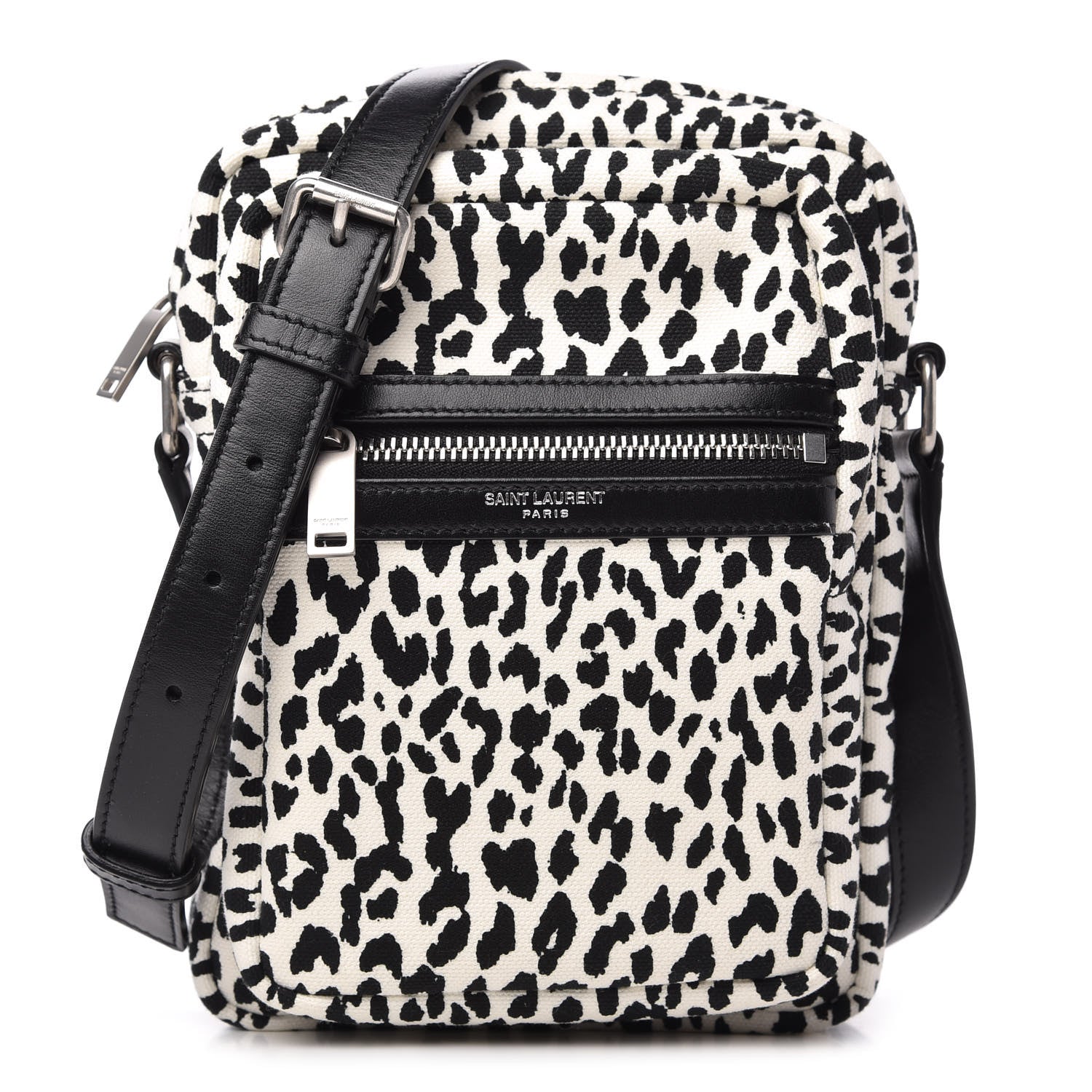 Saint Laurent Canvas Leopard Print Sid Messenger Bag Black White 1 of 9