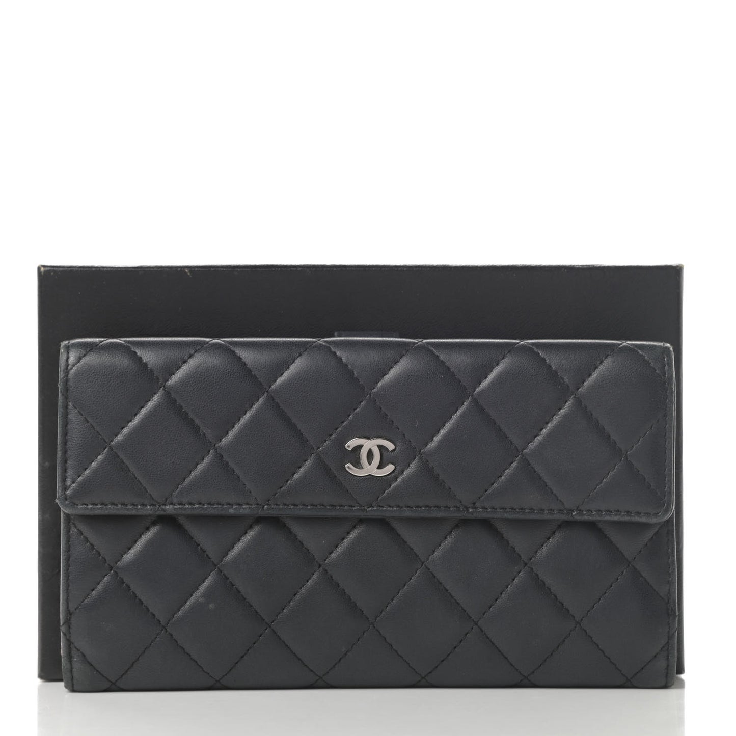 Lambskin Quilted Long Flap Wallet Black