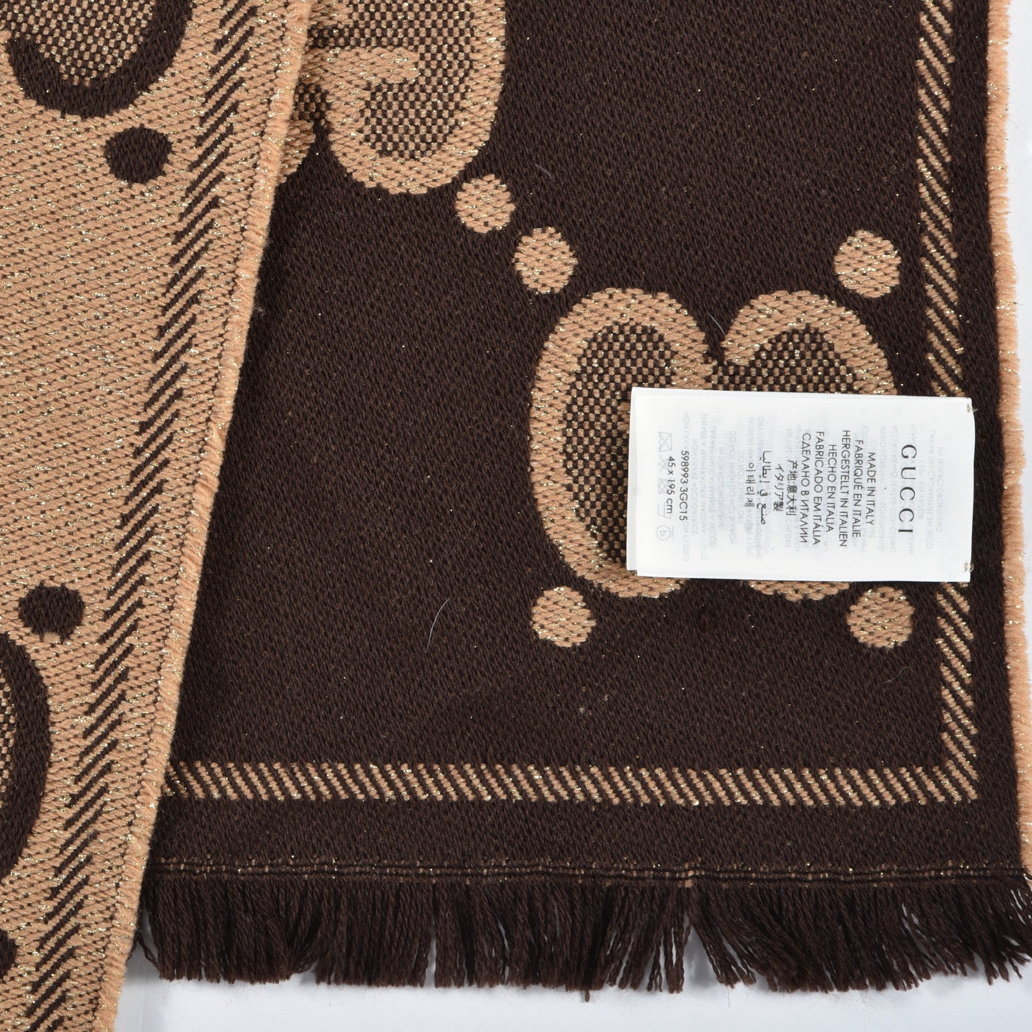 Gucci Wool Lame Jacquard Monogram Jumbo GG Lady Nest Lux Scarf Beige Dark Brown 3 of 4