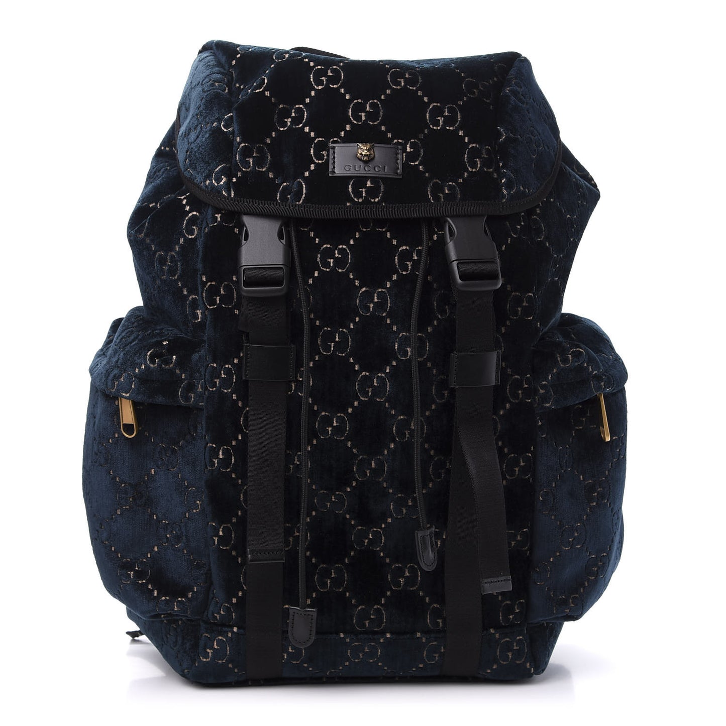 Velvet GG Monogram Web Medium Double Buckle Backpack Blue Beige Black