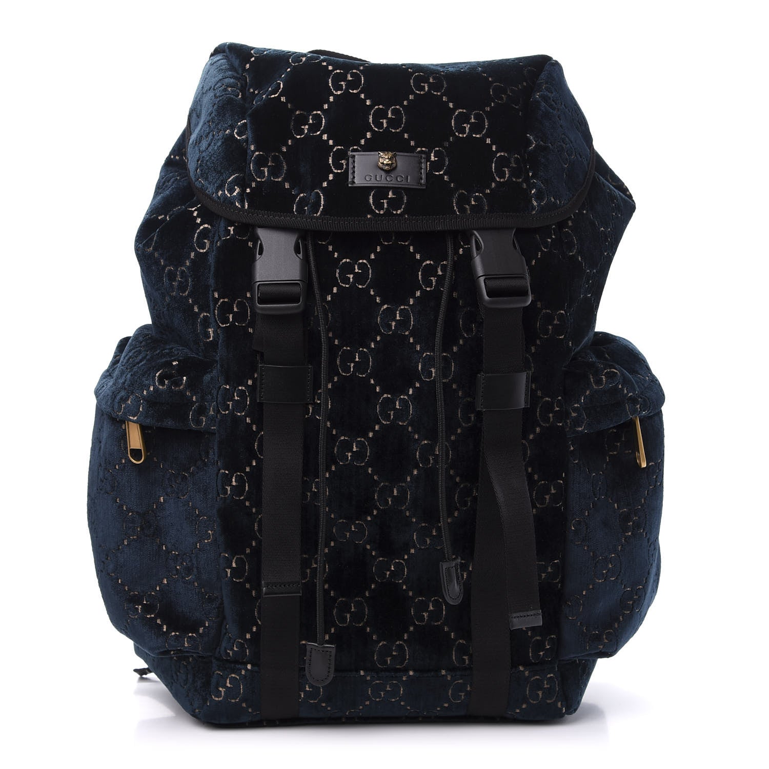 Gucci Velvet GG Monogram Web Medium Double Buckle Backpack Blue Beige Black 1 of 10