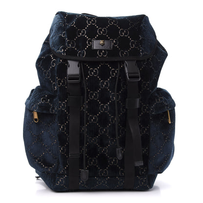 Gucci Velvet GG Monogram Web Medium Double Buckle Backpack Blue Beige Black 1 of 10
