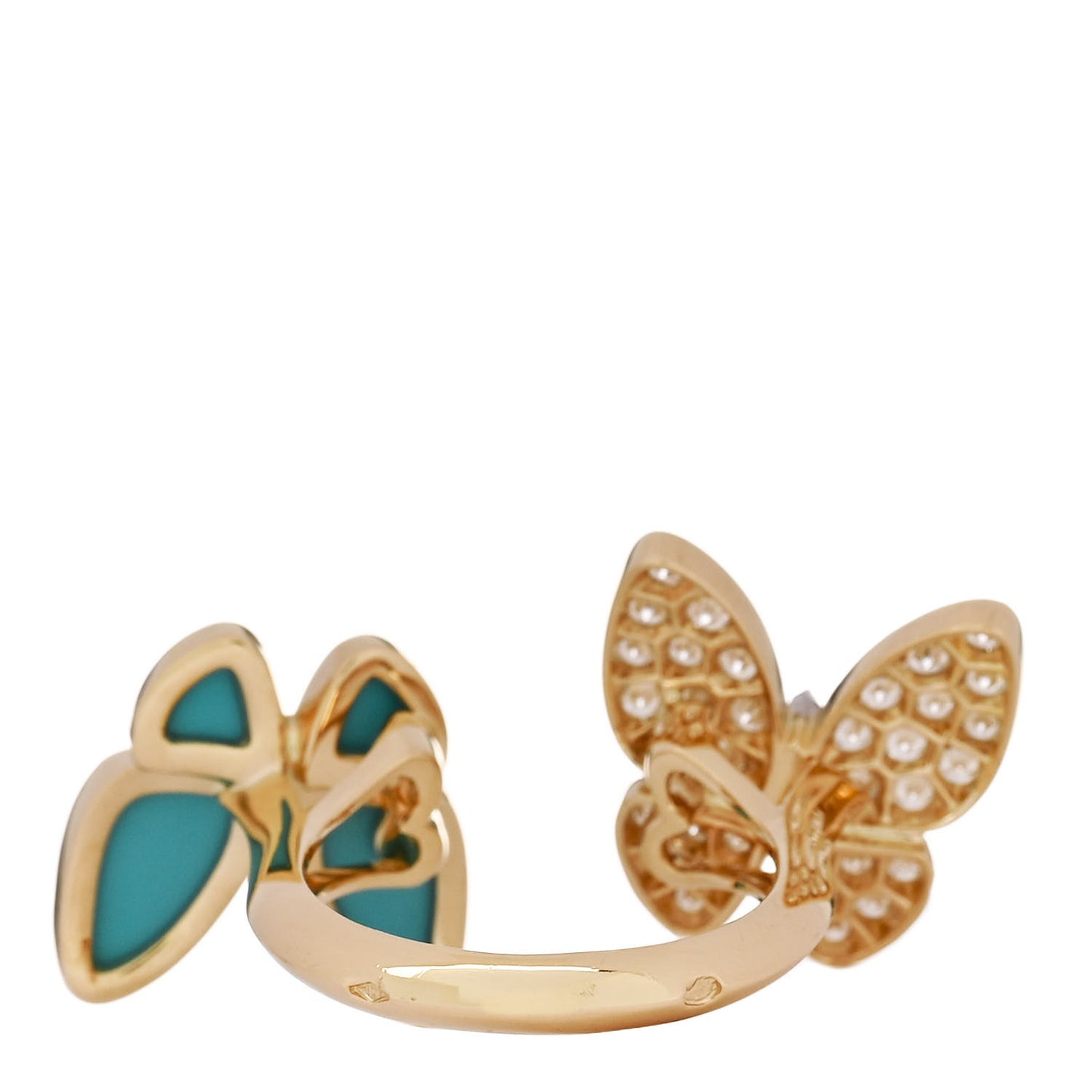 18K Yellow Gold Diamond Turquoise Two Butterfly Between The Finger Ring 52 6