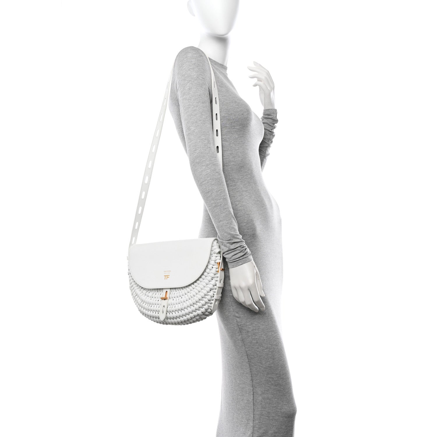 Tom Ford Calfskin Woven T-Twist Crossbody White 2 of 13