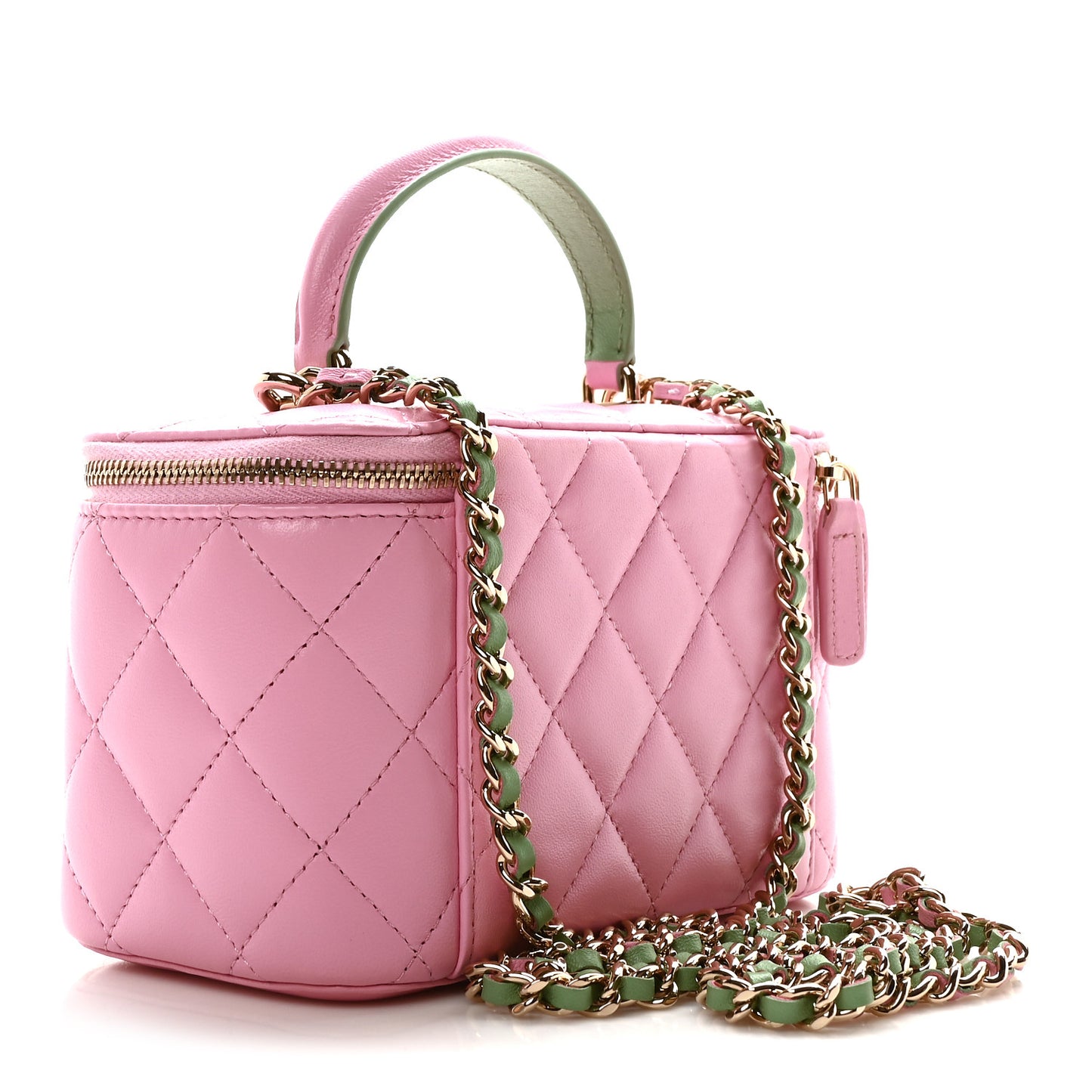 Lambskin Quilted Small Top Handle Vanity Case With Chain Lilac Light Green