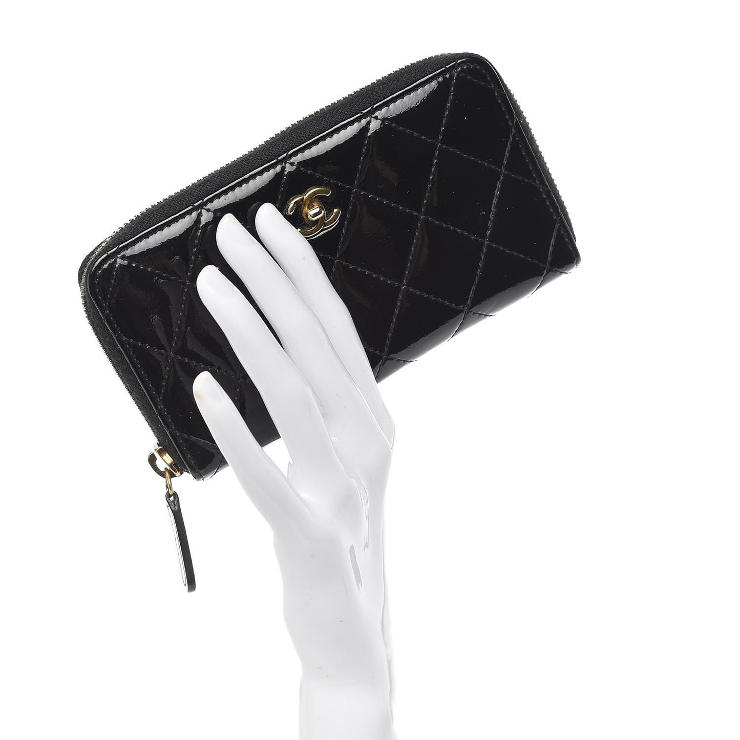 Patent Quilted Small Zip Around Wallet Black