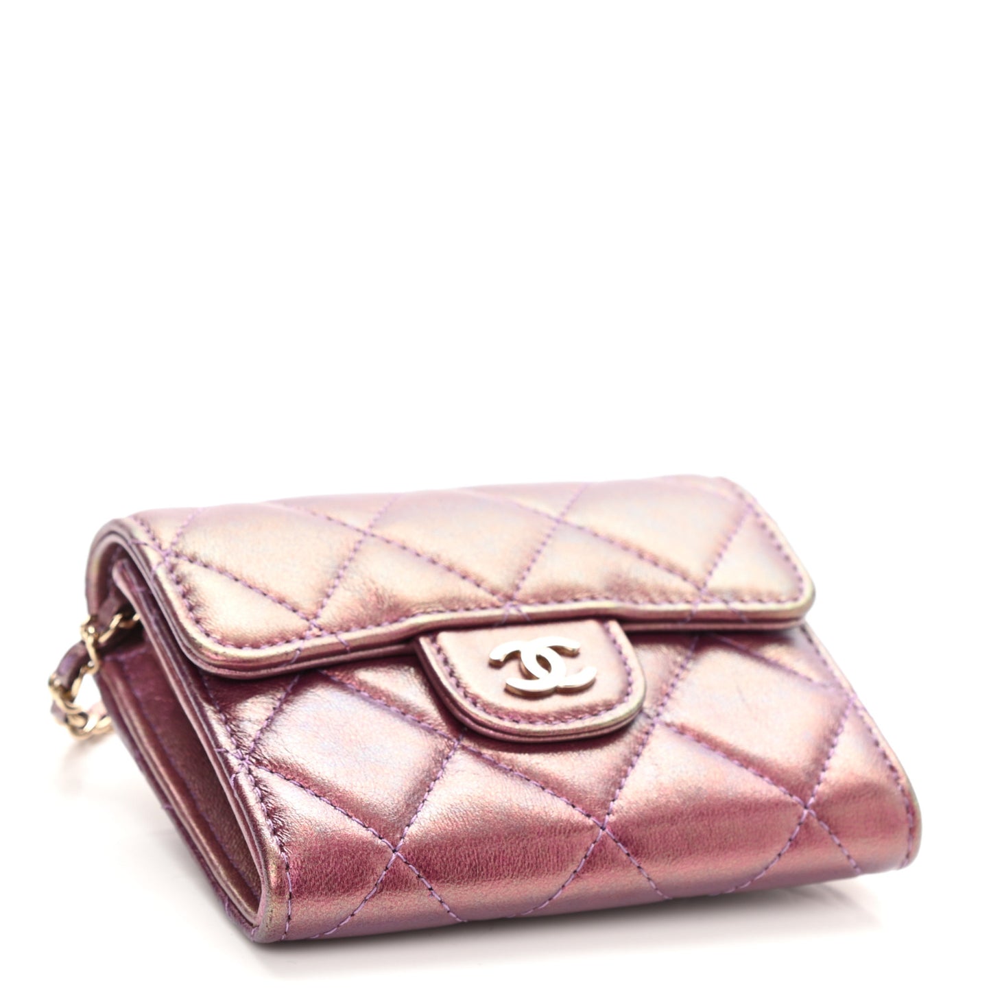 Iridescent Lambskin Quilted Flap Card Holder On Chain Purple