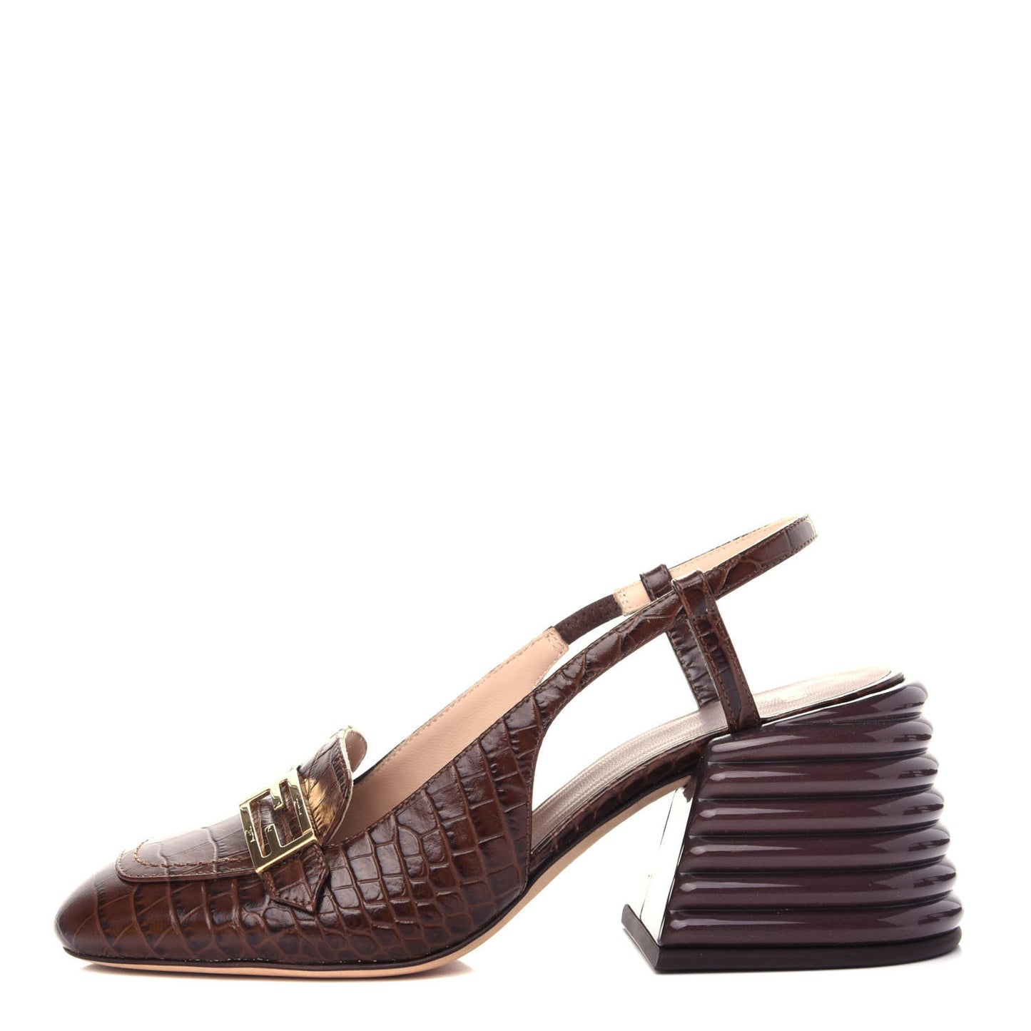 Calfskin Crocodile Embossed Promenade Slingback Loafer Pumps 36.5 Dark Brown