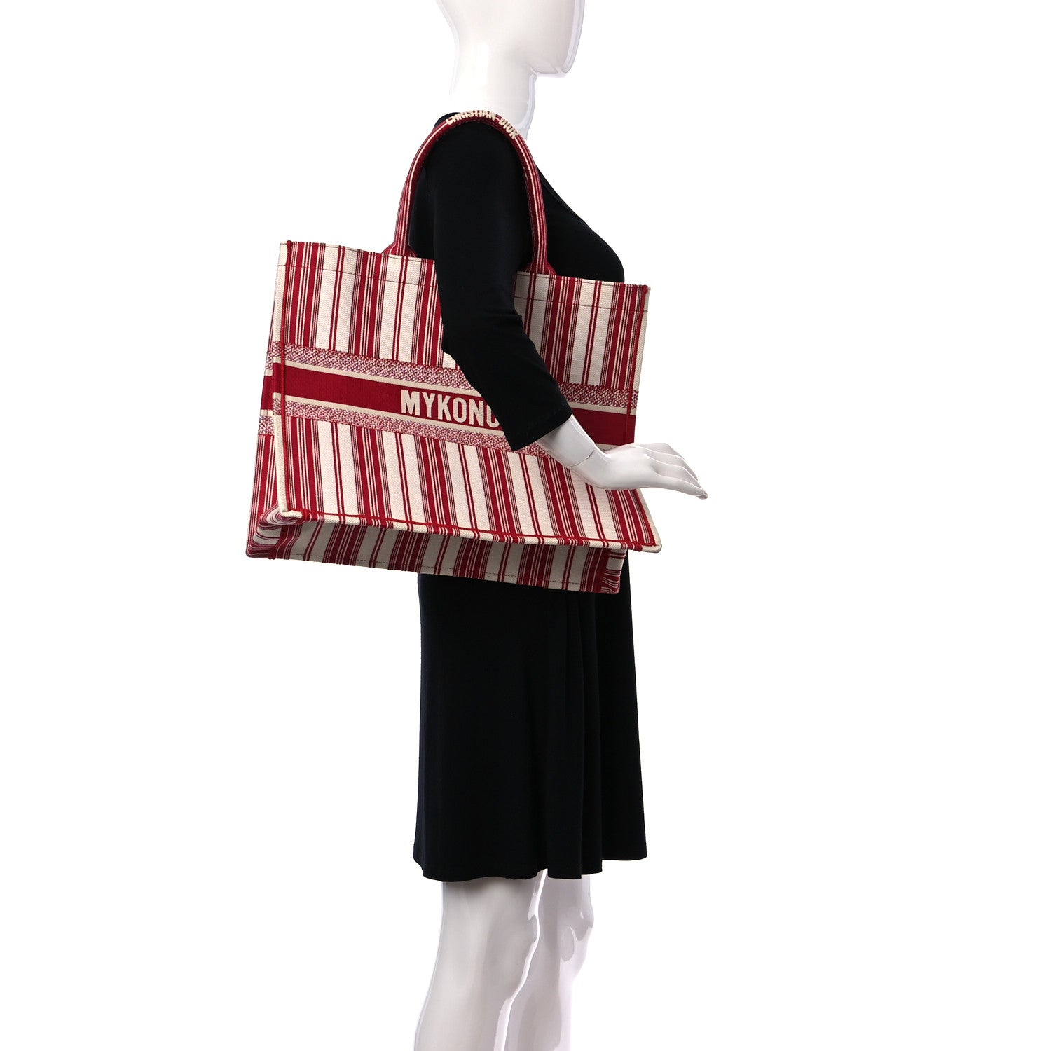 Christian Dior Canvas Embroidered Mykonos Large Striped Book Tote Red 2 of 10