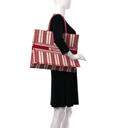 Christian Dior Canvas Embroidered Mykonos Large Striped Book Tote Red 2 of 10