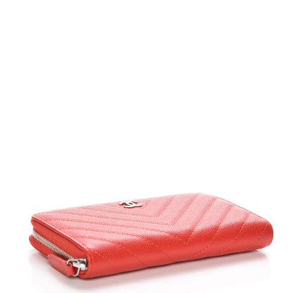 Chanel Caviar Chevron Quilted Small Zip Around Wallet Red 4 of 9
