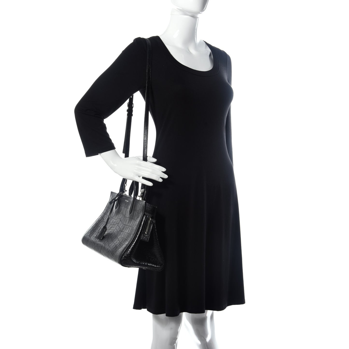 Calfskin Crocodile Embossed Small Cabas Rive Gauche Black