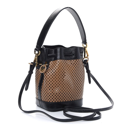 Fendi Vitello Liberty Glossy Lambskin F is Fendi Perforated Mini Mon Tresor Bucket Bag Sand Mimosa Black 3 of 9