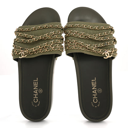 Chanel Satin Canvas Chain Slides Sandals Flats 40 Khaki 2 of 16