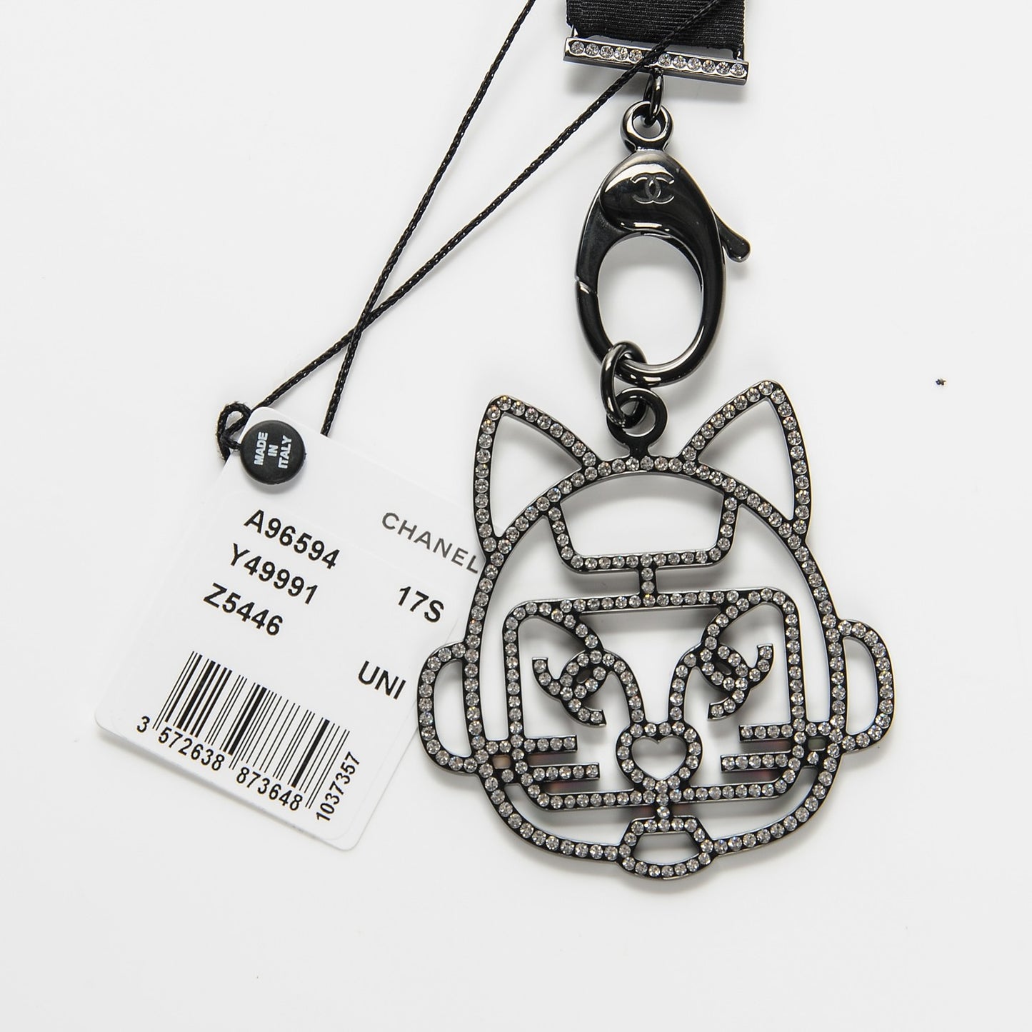 Crystal CC Emoji Robot Cat Lanyard Necklace Black Silver