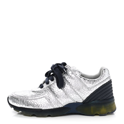 Chanel Metallic Crackled Calfskin CC Sneakers 37 Silver Black Navy 1 of 8