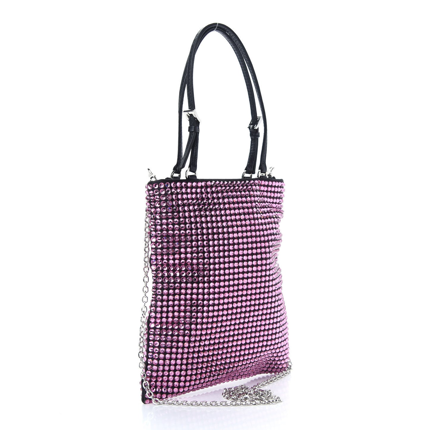 Satin Crystal Metal Triangle Logo Chain Crossbody Handbag Rosa