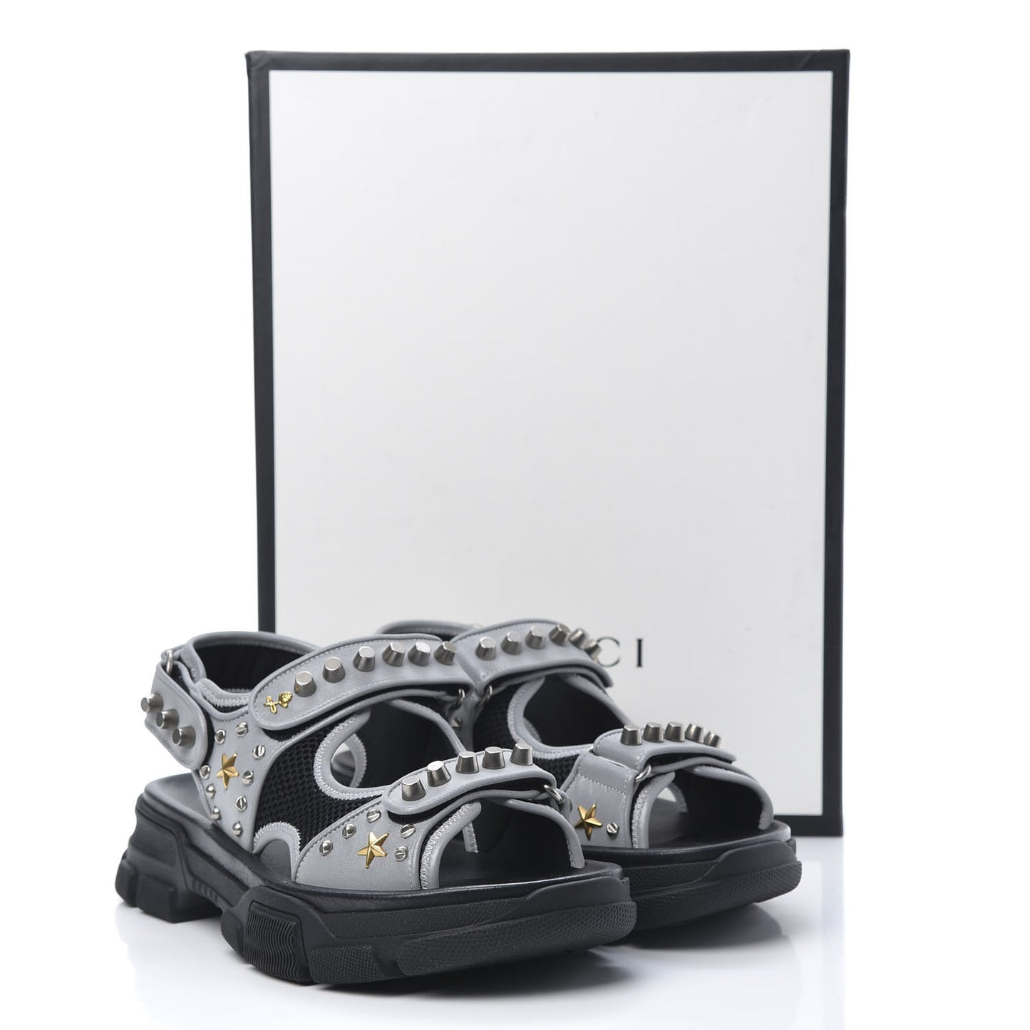 Technical Canvas Calfskin Reflective Studded Mens Aguru Sandals 8 Silver Black