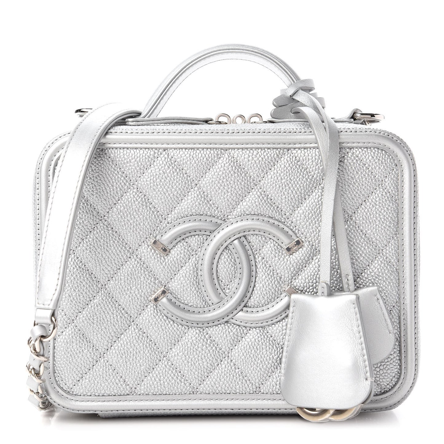 Metallic Caviar Quilted Medium CC Filigree Vanity Case Silver