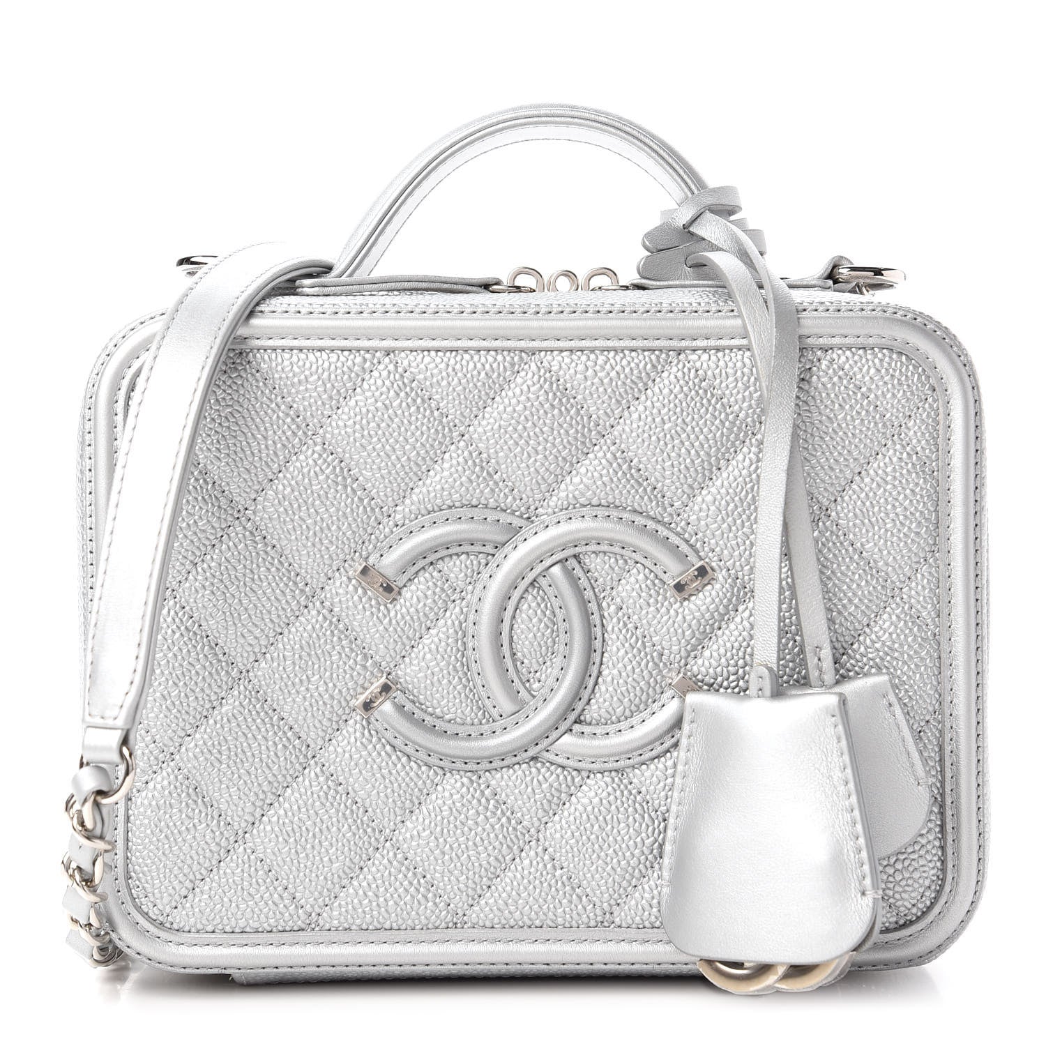 Chanel Metallic Caviar Quilted Medium CC Filigree Vanity Case Silver 1 of 11