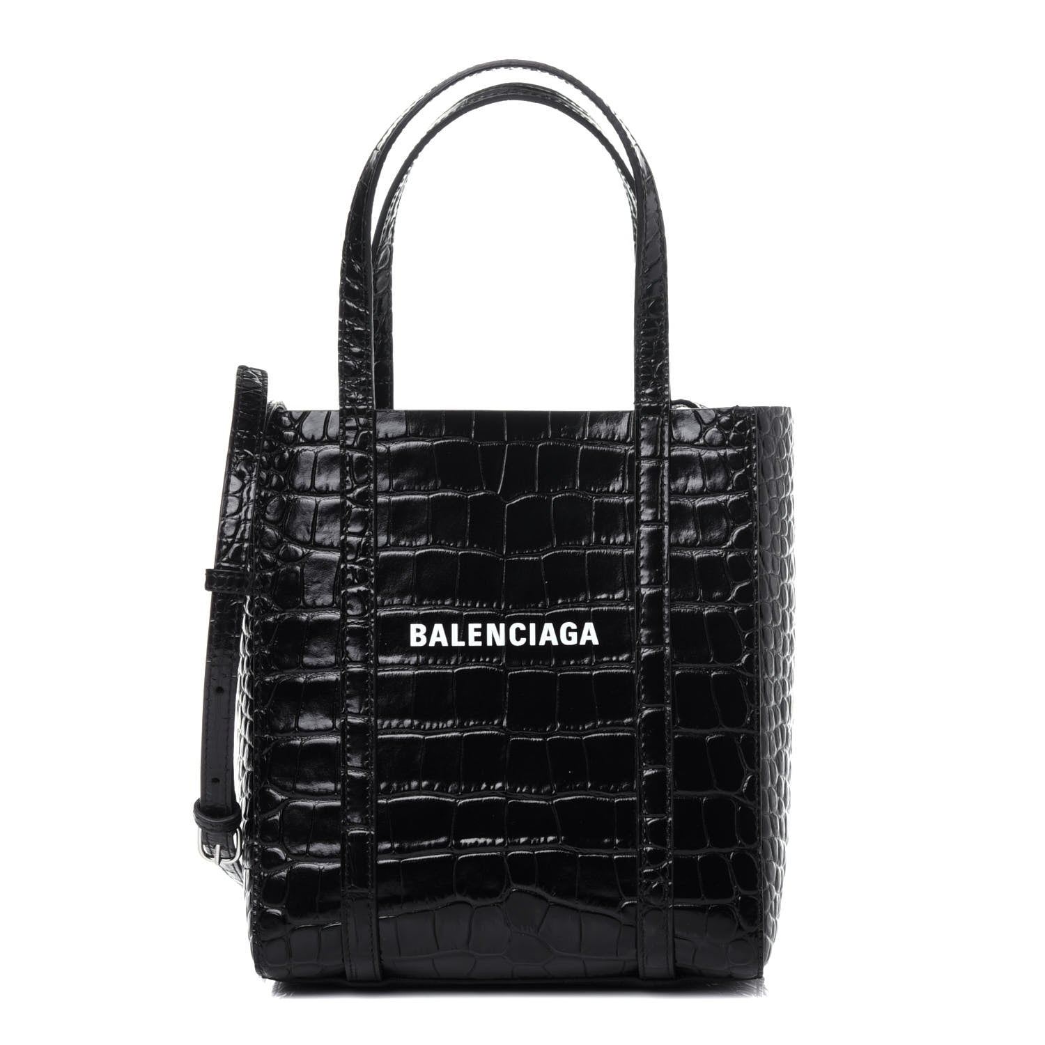 Balenciaga Shiny Calfskin Logo Crocodile Embossed XXS Everyday Tote Black 1 of 10
