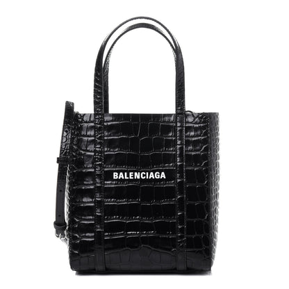 Balenciaga Shiny Calfskin Logo Crocodile Embossed XXS Everyday Tote Black 1 of 10