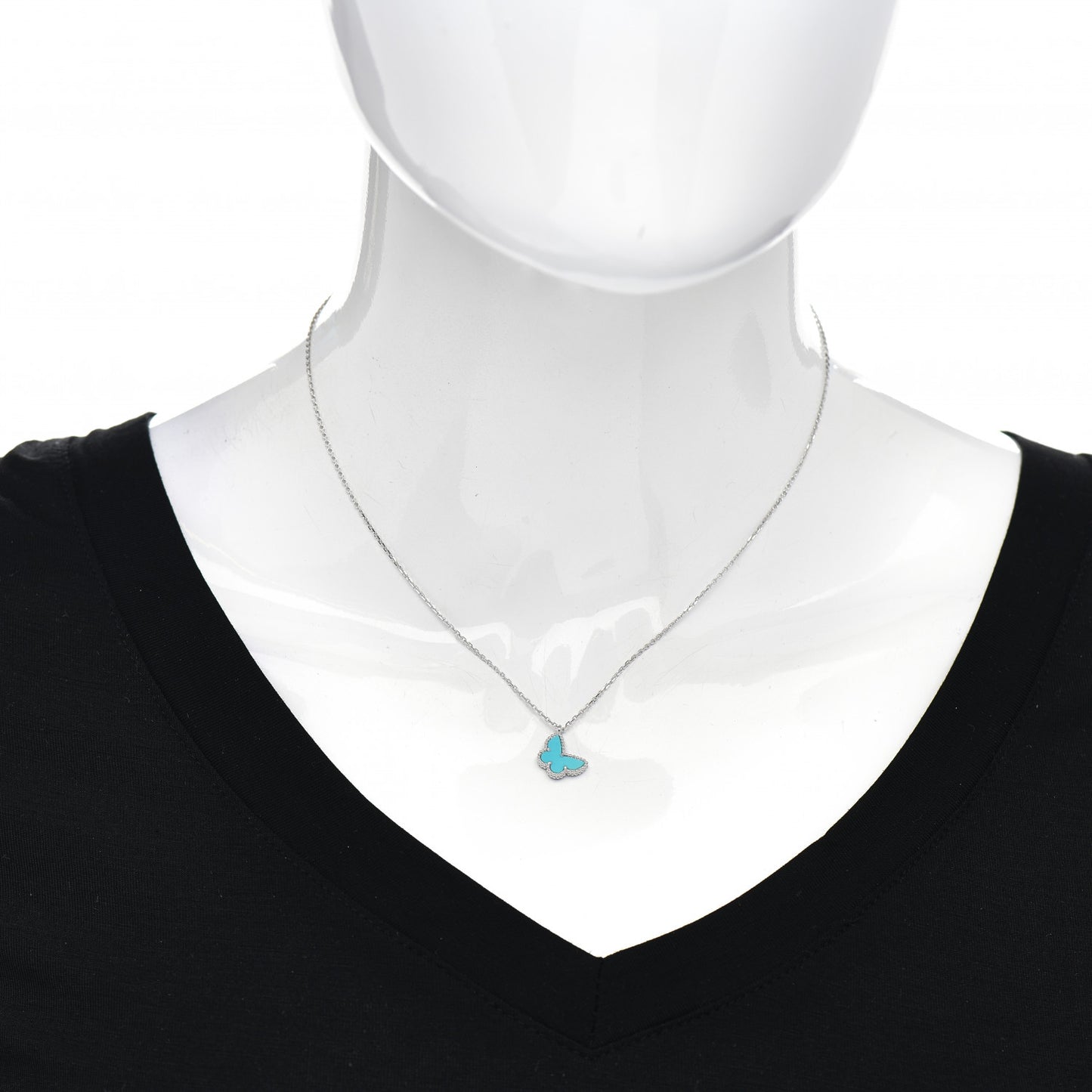 18K White Gold Turquoise Sweet Alhambra Butterfly Pendant Necklace