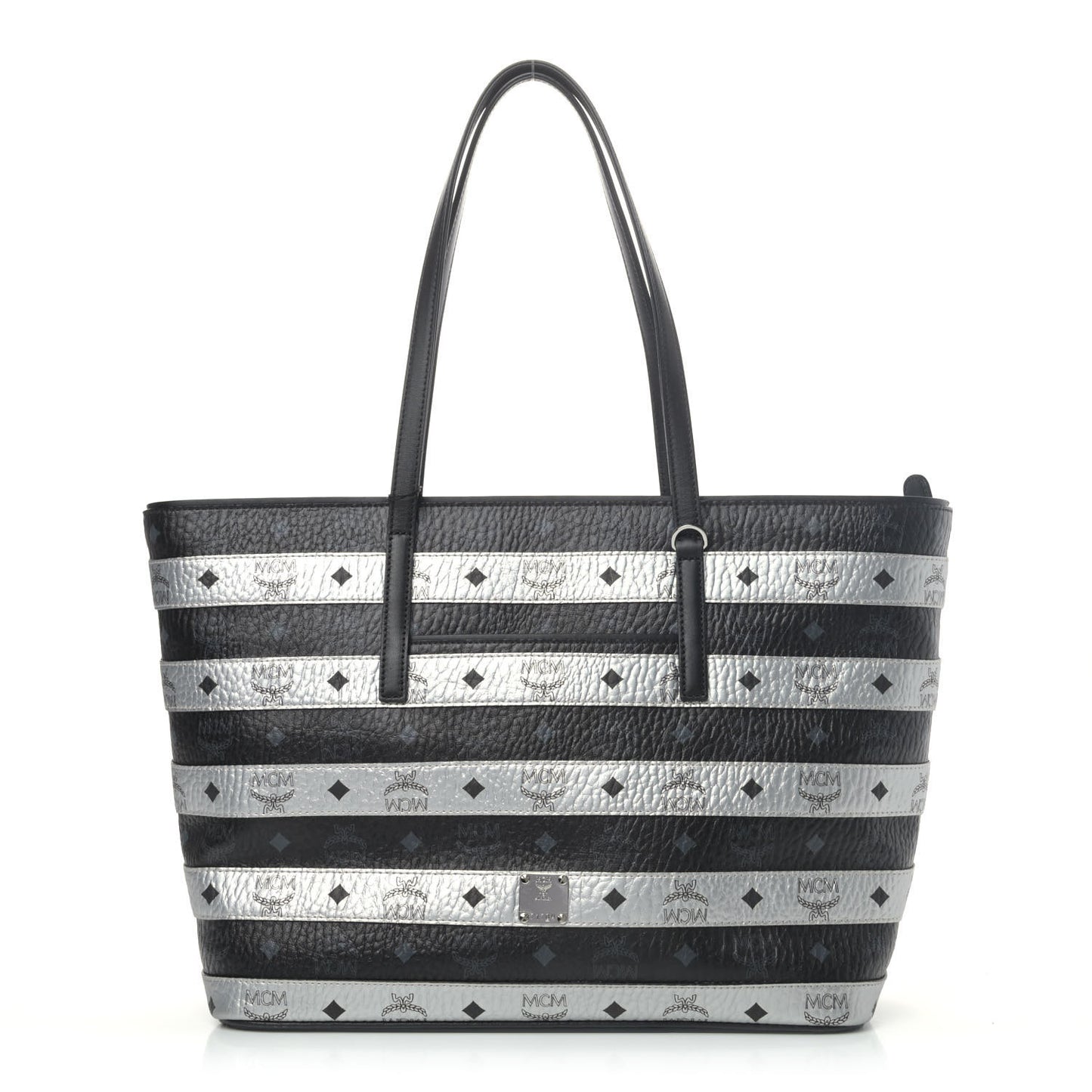 Metallic Visetos Striped Medium Anya Shopper Tote Black Silver