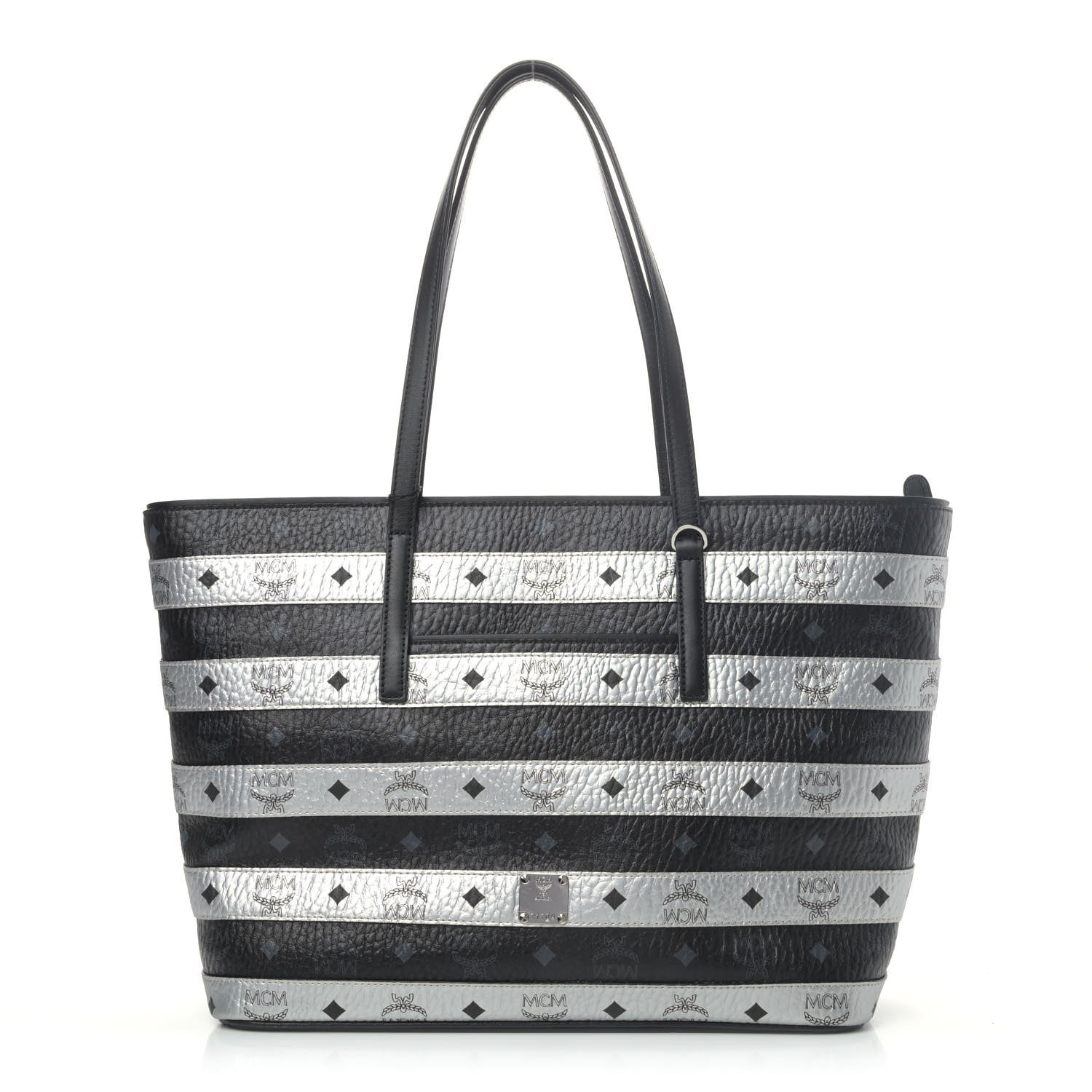 MCM Metallic Visetos Striped Medium Anya Shopper Tote Black Silver 1 of 4