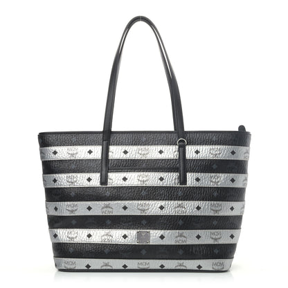 MCM Metallic Visetos Striped Medium Anya Shopper Tote Black Silver 1 of 4