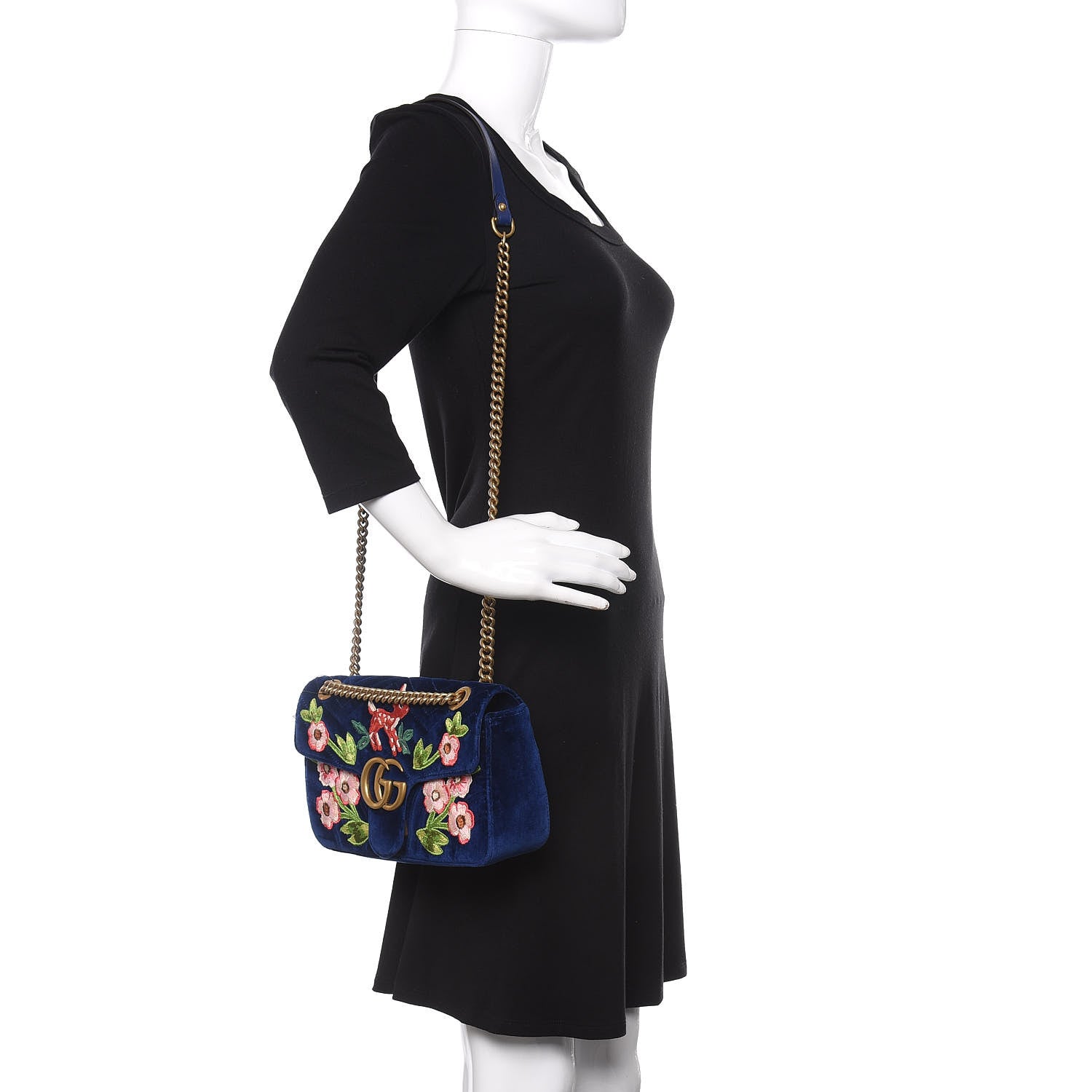 Gucci Velvet Matelasse Deer Embroidered Small GG Marmont Shoulder Bag Cobalt 2 of 10