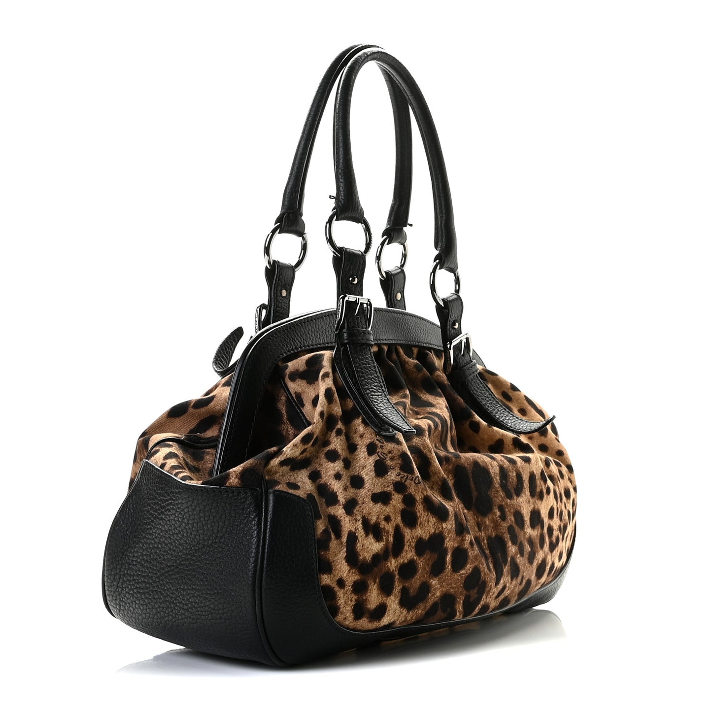 Calfskin Canvas Leopard Print Animalier Shoulder Bag Black