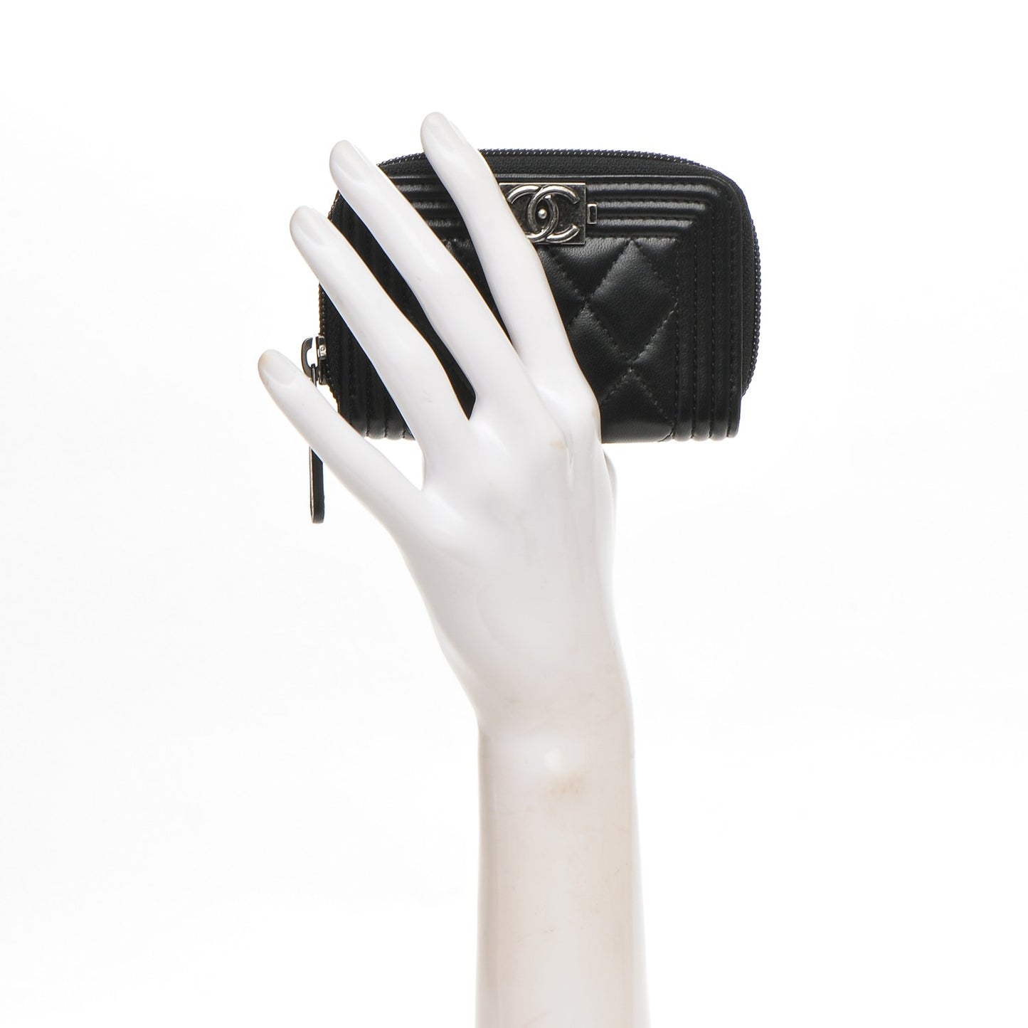 Lambskin Quilted Zip Around Boy Coin Purse Wallet Black