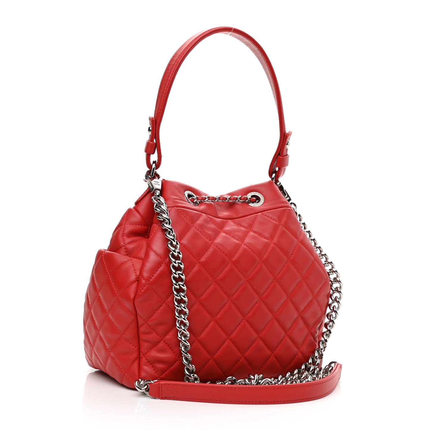 Lambskin Quilted Small CC Chain Drawstring Bucket Bag Red
