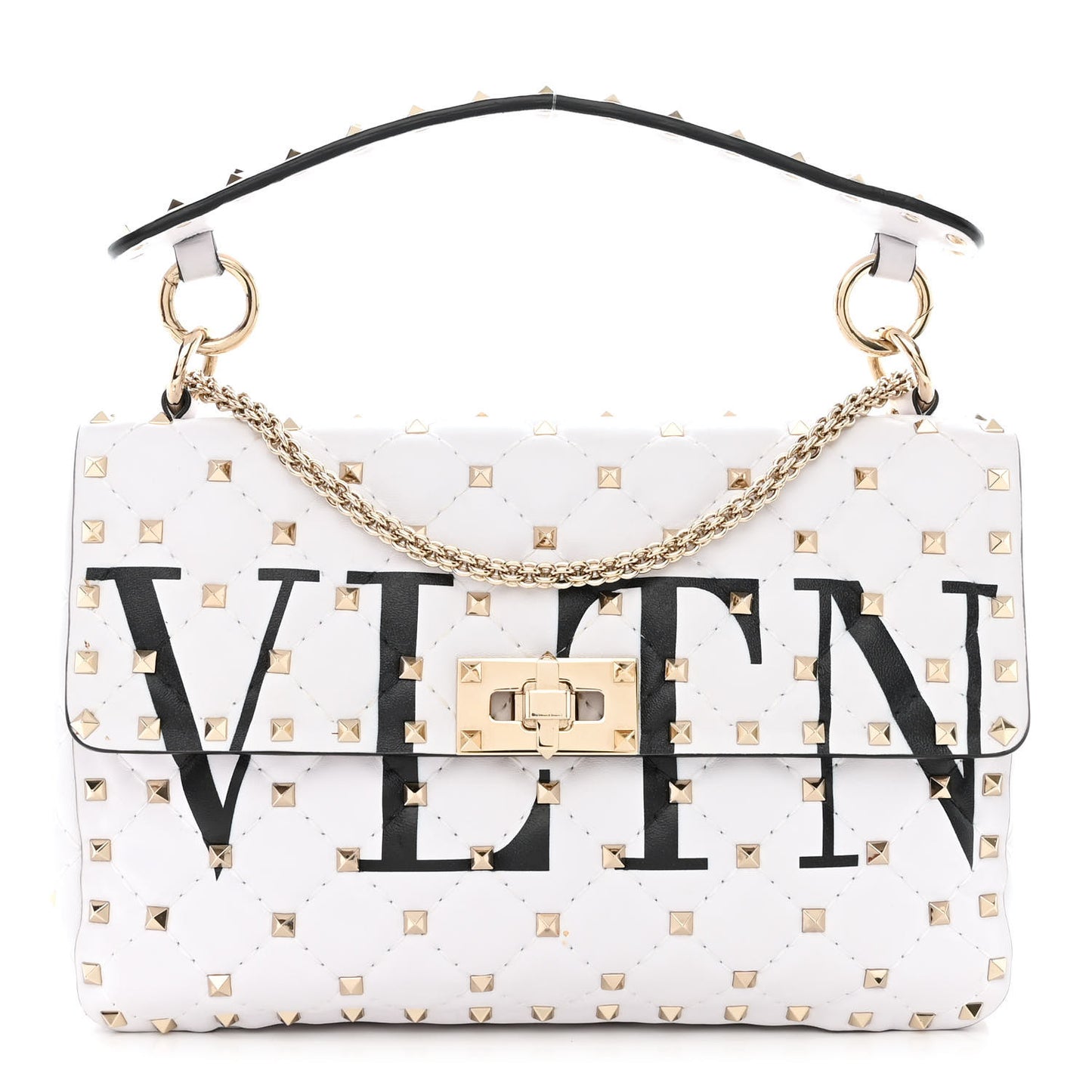 Lambskin VLTN Print Medium Rockstud Spike Shoulder Bag Optic White Black