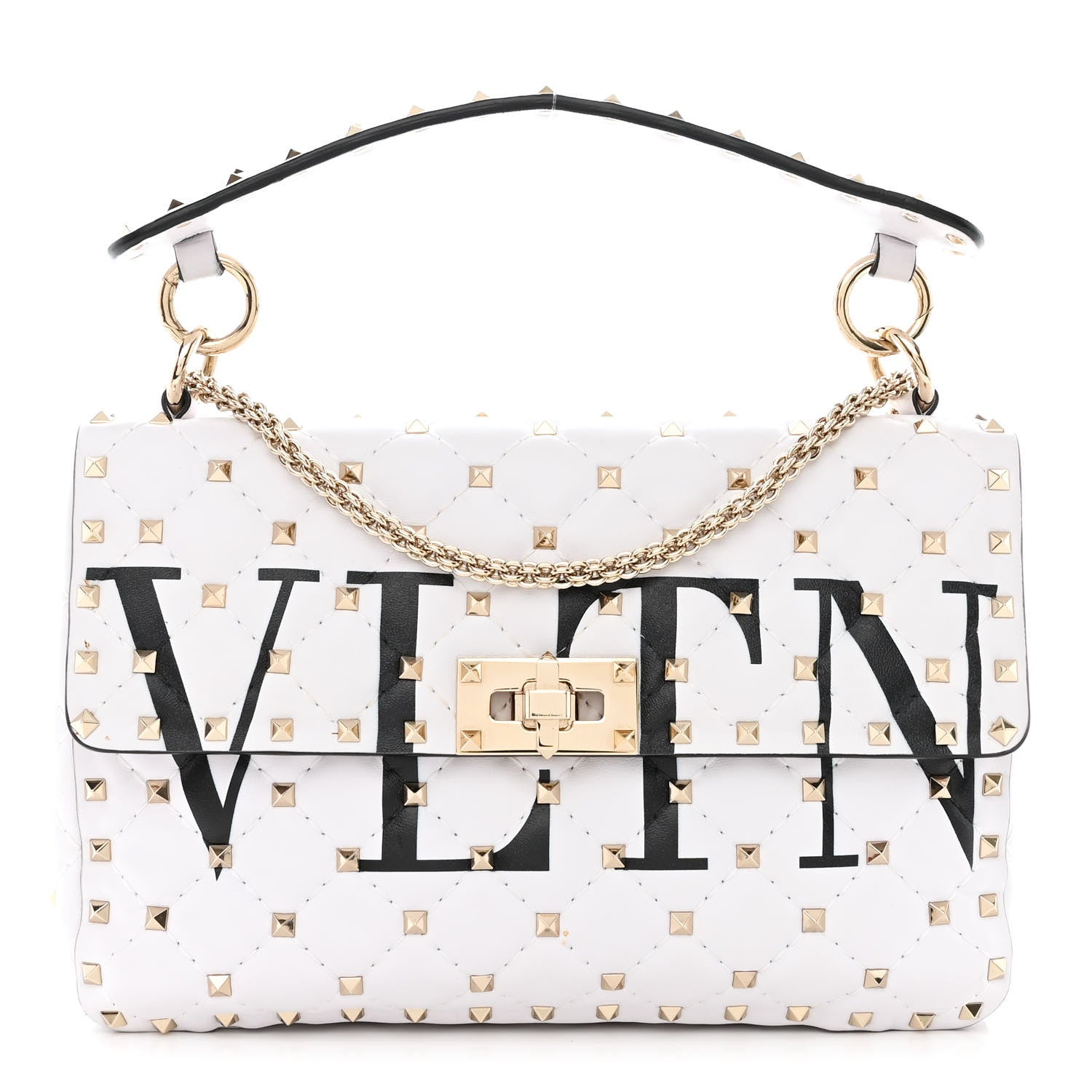 Valentino Garavani Lambskin VLTN Print Medium Rockstud Spike Shoulder Bag Optic White Black 1 of 9