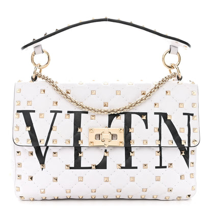 Valentino Garavani Lambskin VLTN Print Medium Rockstud Spike Shoulder Bag Optic White Black 1 of 9