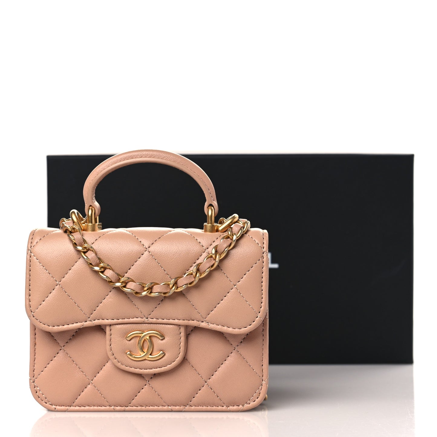 Lambskin Quilted Top Handle Flap Coin Purse With Chain Beige