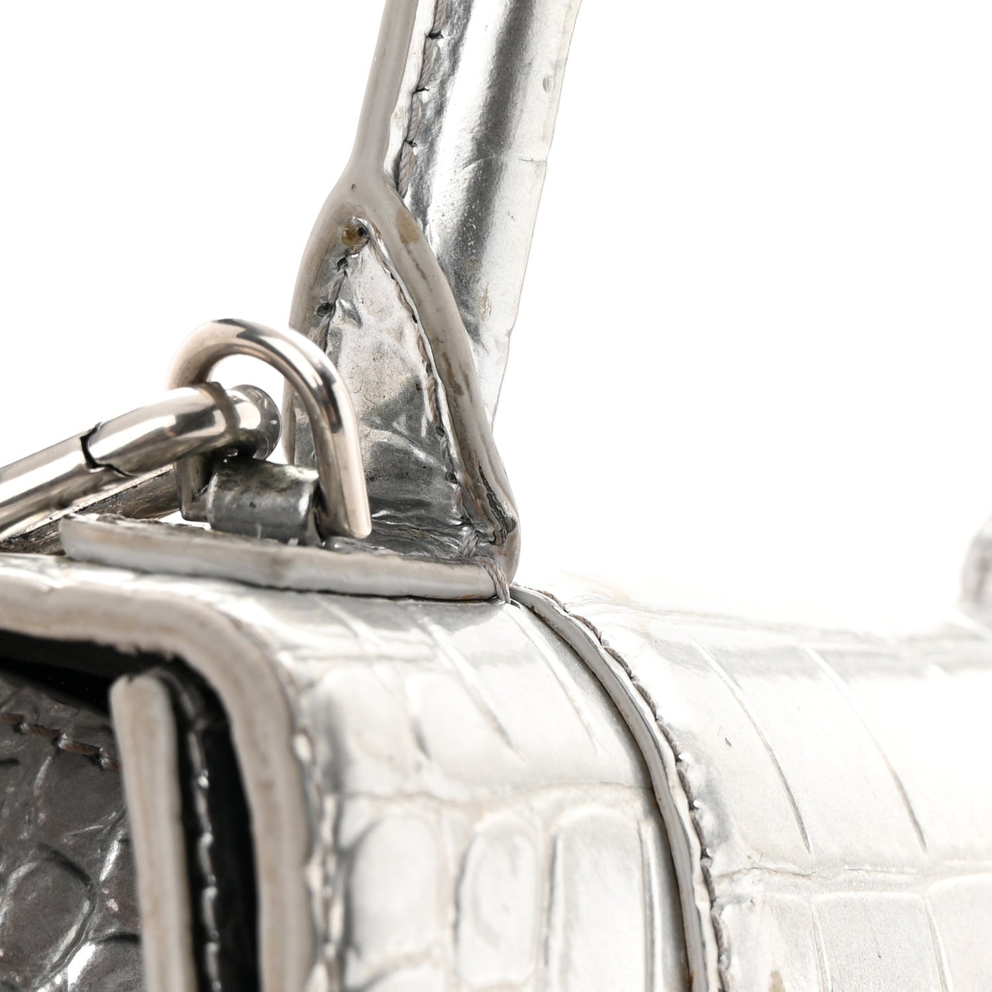 Metallic Calfskin Crocodile Embossed Hourglass Top Handle Bag XS Silver