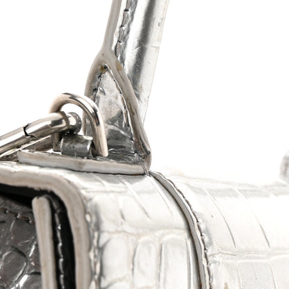 Balenciaga Metallic Calfskin Crocodile Embossed Hourglass Top Handle Bag XS Silver 26 of 27