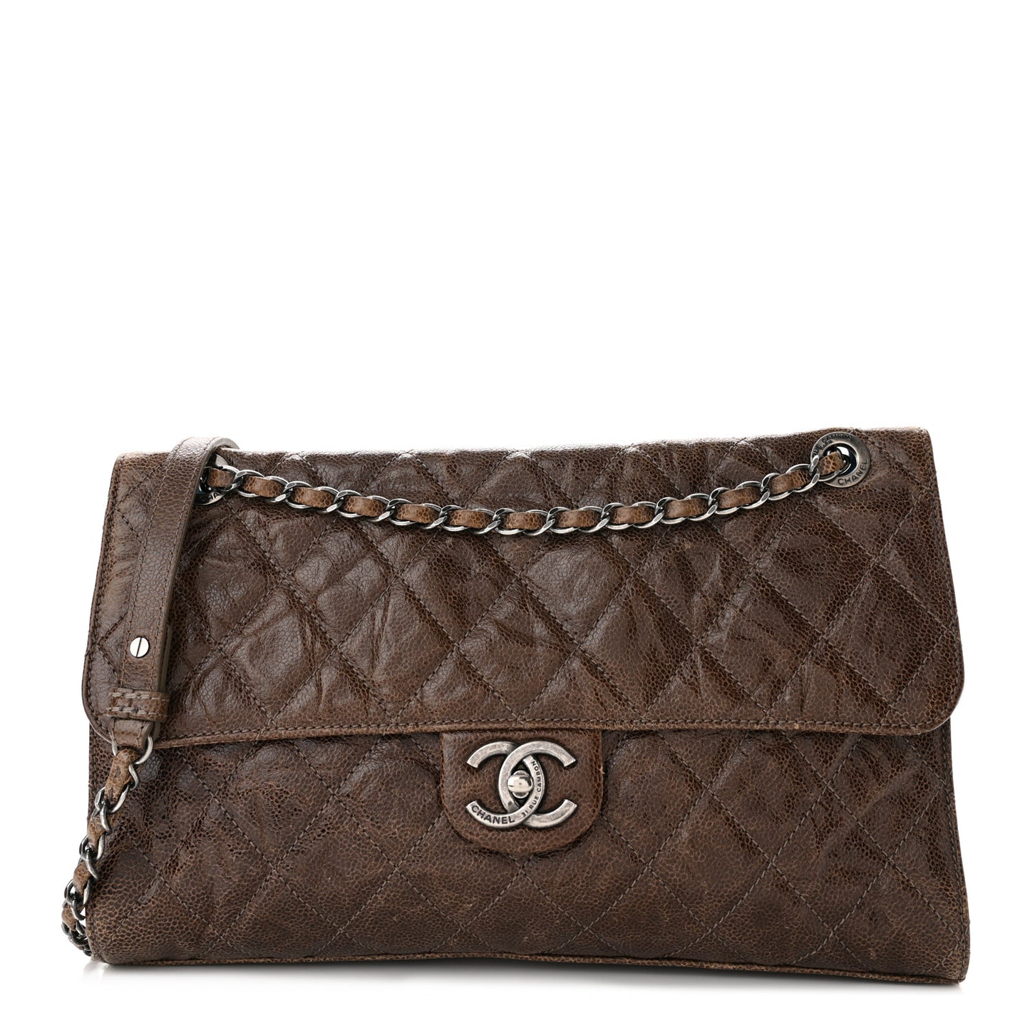 Crumpled Grained Calfskin Jumbo CC Crave Flap Brown