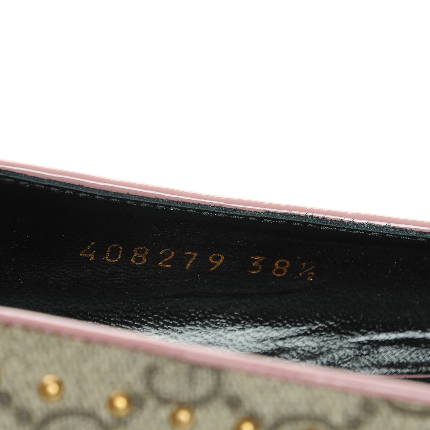 GG Supreme Monogram Patent Studded Fringe Loafer Pumps 38.5 Beige Ebony Carmine Rose